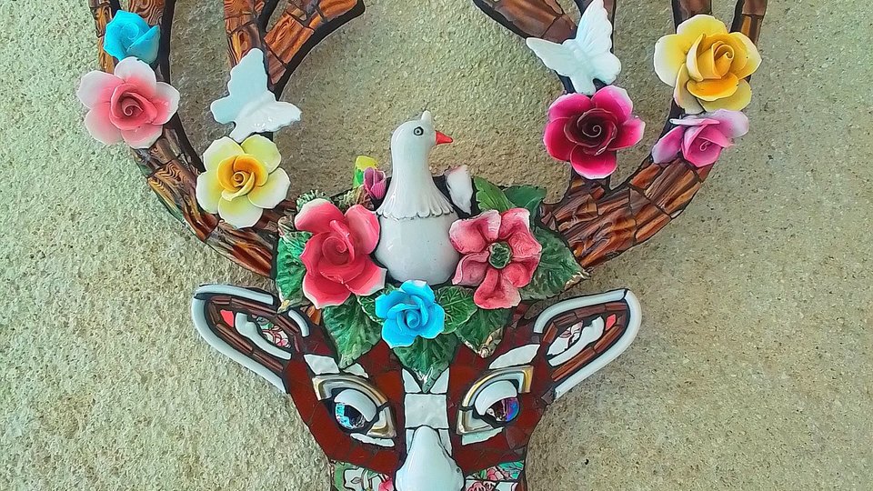 Spring Stag Deer Head (with Dove & Butterfly friends) (SOLD)