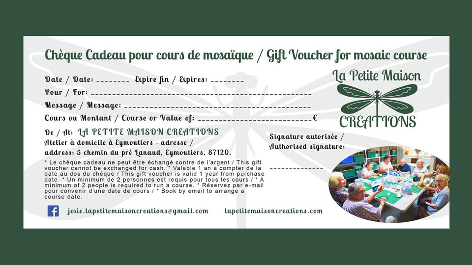 Gift Voucher (mosaic course) / Chèque Cadeau (cours de mosaïque) 