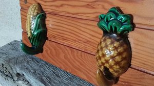 Sweetcorn & Pineapple Ceramic Hooks (on wood) (SOLD)
