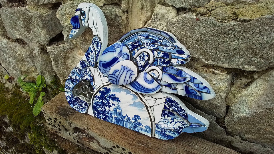 Large Blue Floral Swan