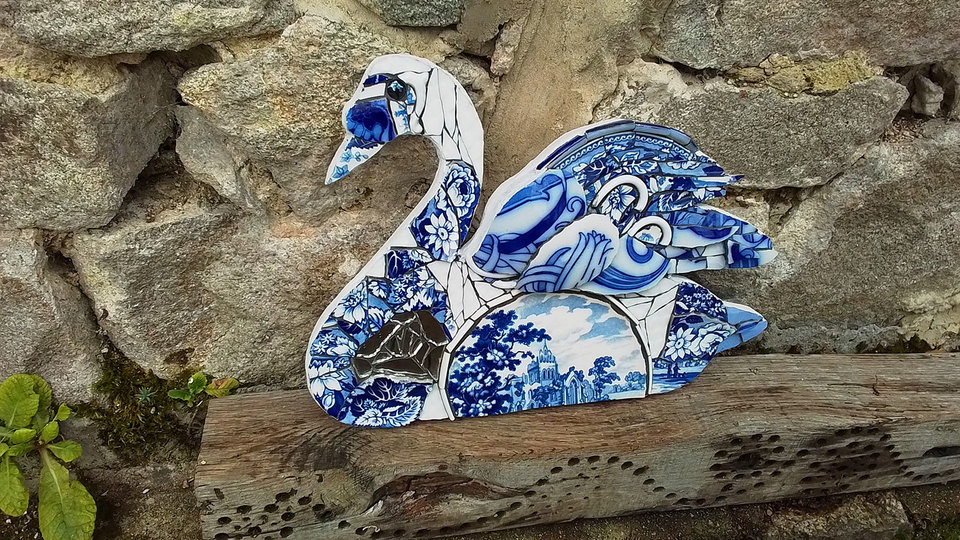 Large Blue Floral Swan