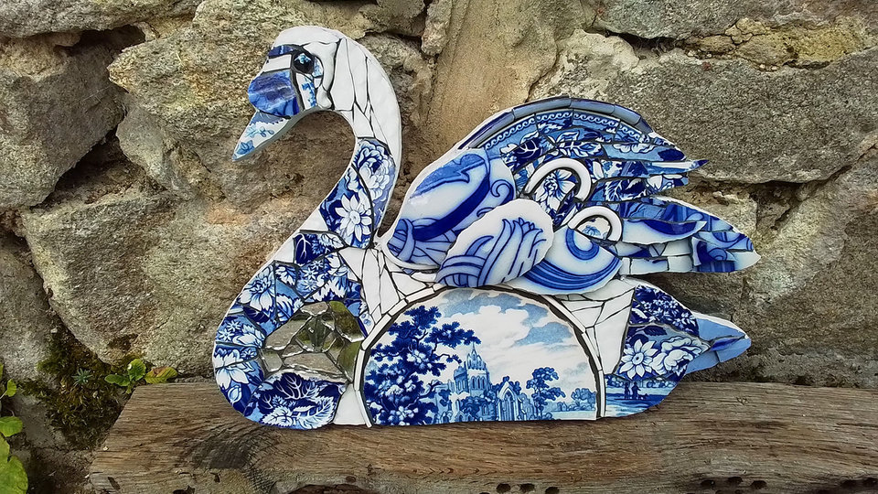 Large Blue Floral Swan