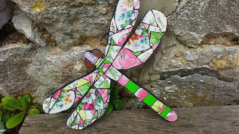 Green & Pink Floral Dragonfly (SOLD)