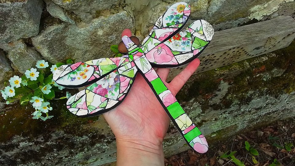 Green & Pink Floral Dragonfly (SOLD)
