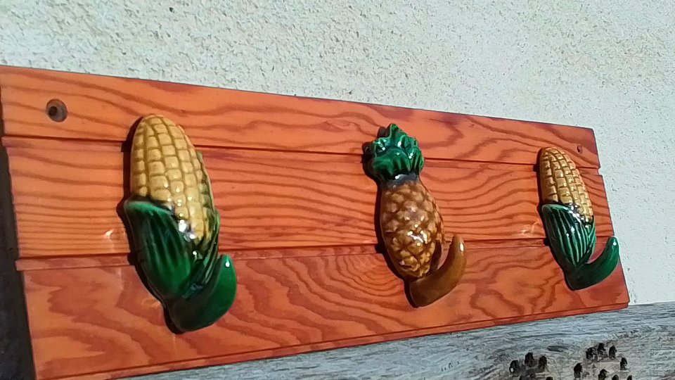 Sweetcorn & Pineapple Ceramic Hooks (on wood) (SOLD)