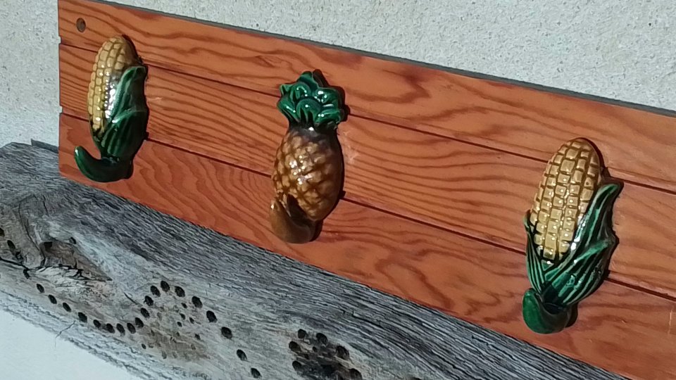 Sweetcorn & Pineapple Ceramic Hooks (on wood) (SOLD)
