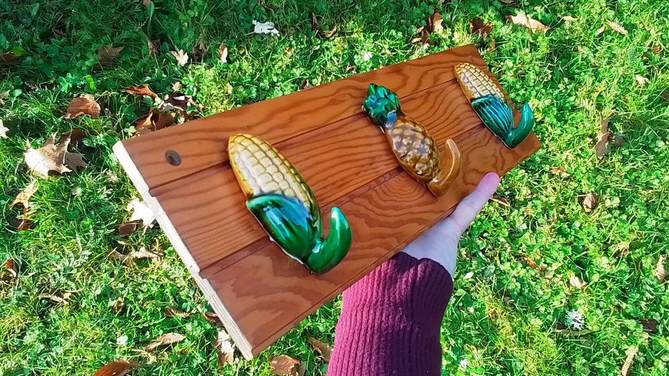 Sweetcorn & Pineapple Ceramic Hooks (on wood) (SOLD)