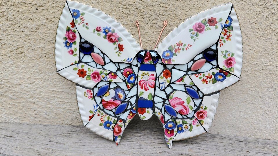 Blue, Pink & Red Flowers Butterfly 