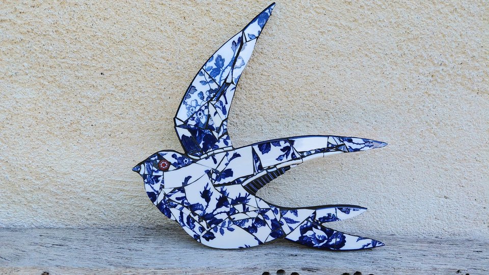 Large Summer Swallow (navy rose motif) (left facing) 