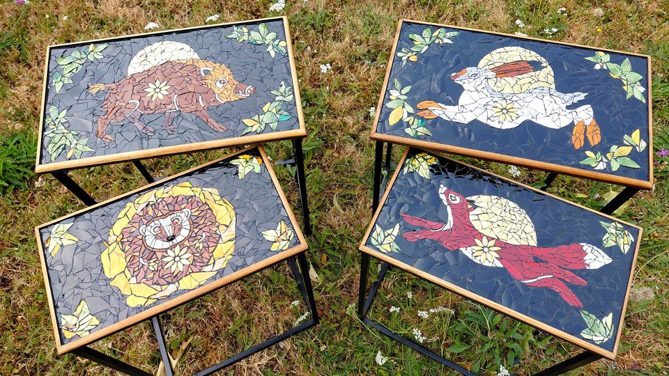 Set of 4 Wildlife Nesting Tables (Mountain Hare, Wildboar, Fox & Hedgehog tables) (SOLD)