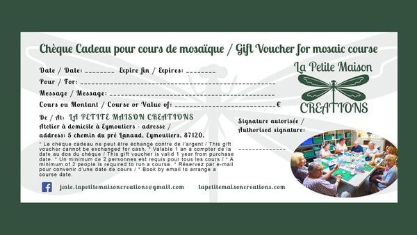 Gift Voucher (mosaic course) / Chèque Cadeau (cours de mosaïque) 